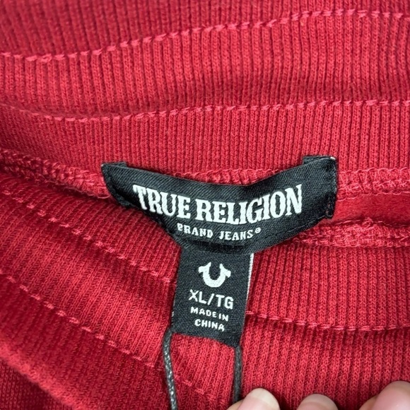 TRUE RELIGION RED DAHLIA HS FOIL LOGO FLEECE HIGH WAIST SWEAT SHORT - Picture 10 of 12